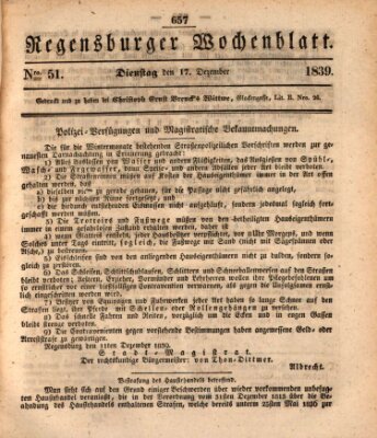 Regensburger Wochenblatt Dienstag 17. Dezember 1839