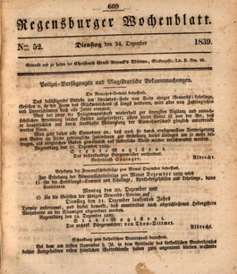 Regensburger Wochenblatt Dienstag 24. Dezember 1839