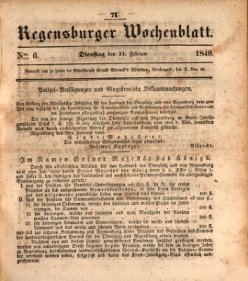 Regensburger Wochenblatt Dienstag 11. Februar 1840