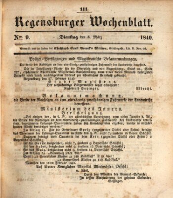 Regensburger Wochenblatt Dienstag 3. März 1840