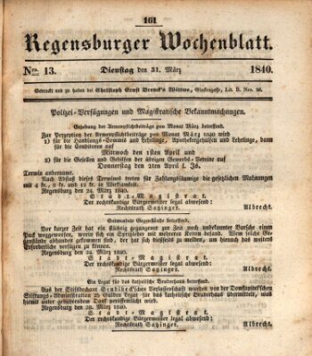 Regensburger Wochenblatt Dienstag 31. März 1840