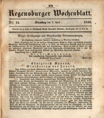 Regensburger Wochenblatt Dienstag 7. April 1840