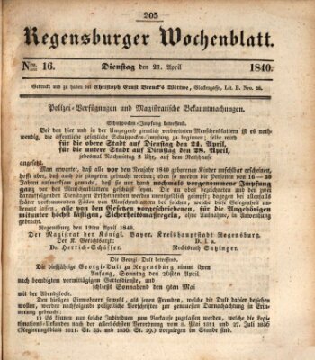 Regensburger Wochenblatt Dienstag 21. April 1840