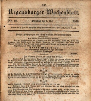 Regensburger Wochenblatt Dienstag 5. Mai 1840