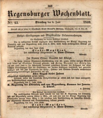 Regensburger Wochenblatt Dienstag 9. Juni 1840