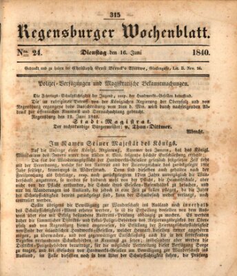 Regensburger Wochenblatt Dienstag 16. Juni 1840