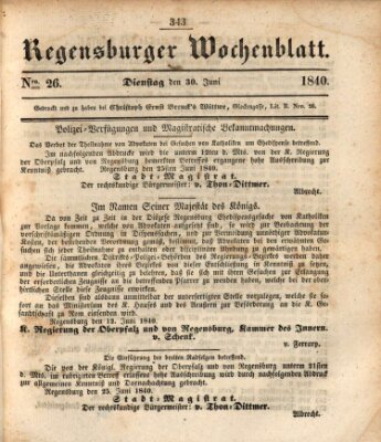 Regensburger Wochenblatt Dienstag 30. Juni 1840