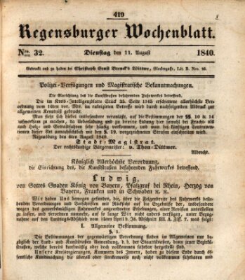 Regensburger Wochenblatt Dienstag 11. August 1840