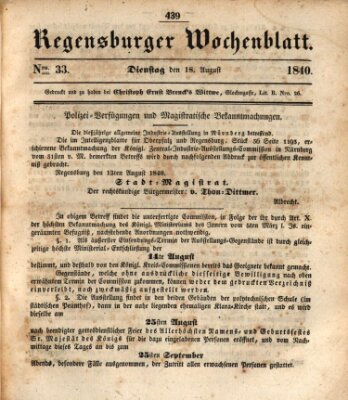 Regensburger Wochenblatt Dienstag 18. August 1840