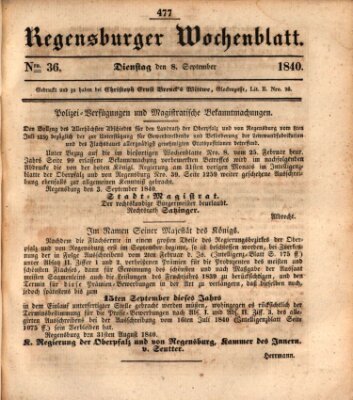 Regensburger Wochenblatt Dienstag 8. September 1840