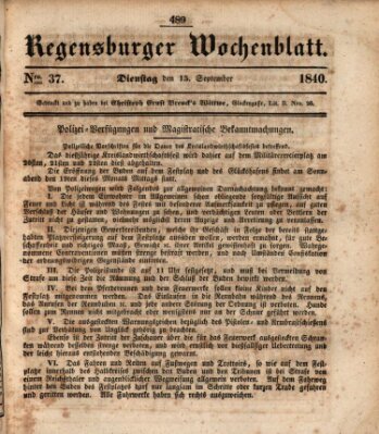 Regensburger Wochenblatt Dienstag 15. September 1840