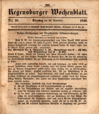 Regensburger Wochenblatt Dienstag 29. September 1840