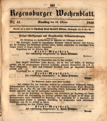 Regensburger Wochenblatt Dienstag 13. Oktober 1840