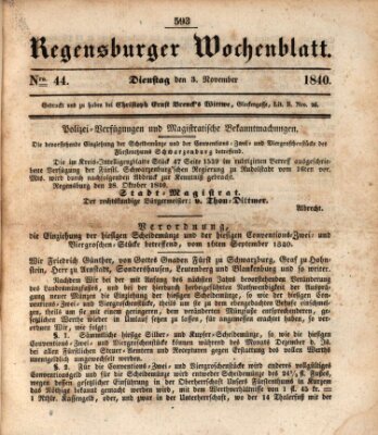 Regensburger Wochenblatt Dienstag 3. November 1840