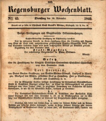 Regensburger Wochenblatt Dienstag 10. November 1840