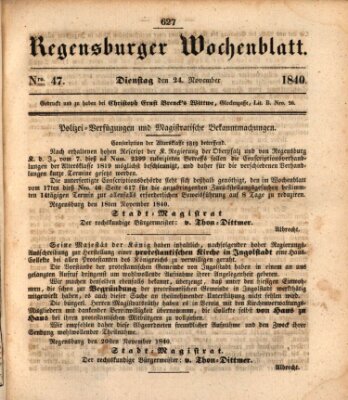 Regensburger Wochenblatt Dienstag 24. November 1840