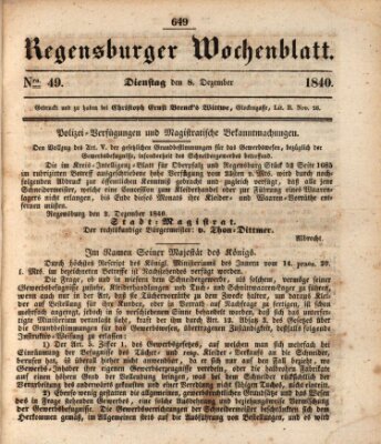 Regensburger Wochenblatt Dienstag 8. Dezember 1840