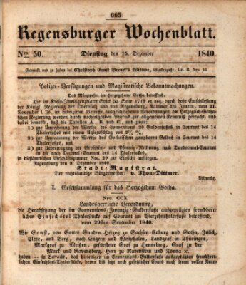 Regensburger Wochenblatt Dienstag 15. Dezember 1840