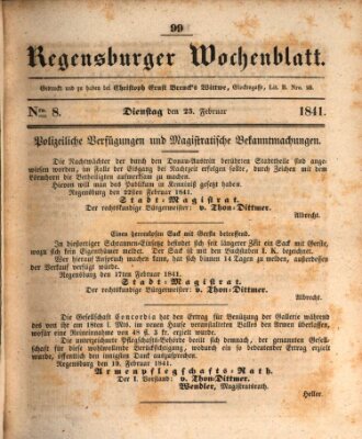 Regensburger Wochenblatt Dienstag 23. Februar 1841