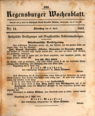 Regensburger Wochenblatt Dienstag 6. April 1841