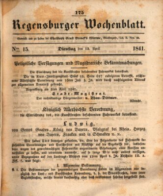 Regensburger Wochenblatt Dienstag 13. April 1841