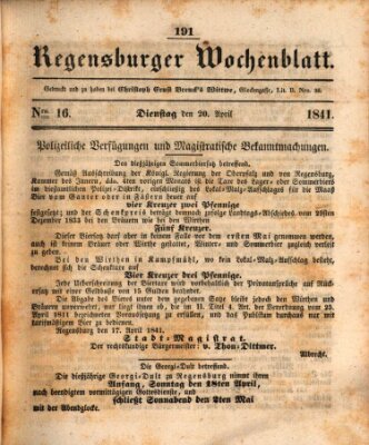 Regensburger Wochenblatt Dienstag 20. April 1841