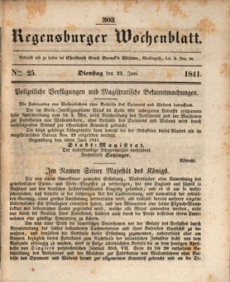 Regensburger Wochenblatt Dienstag 22. Juni 1841