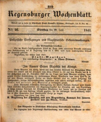 Regensburger Wochenblatt Dienstag 29. Juni 1841