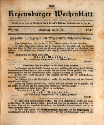 Regensburger Wochenblatt Dienstag 6. Juli 1841