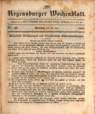 Regensburger Wochenblatt Dienstag 20. Juli 1841