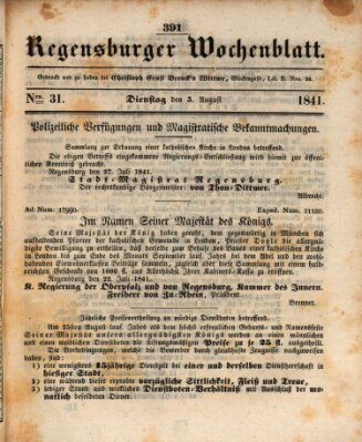 Regensburger Wochenblatt Dienstag 3. August 1841