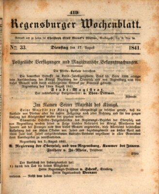 Regensburger Wochenblatt Dienstag 17. August 1841