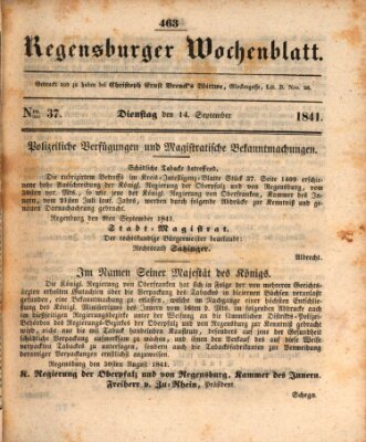 Regensburger Wochenblatt Dienstag 14. September 1841