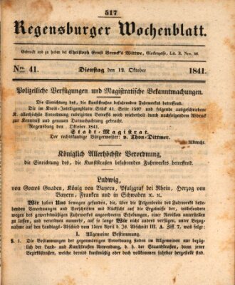 Regensburger Wochenblatt Dienstag 12. Oktober 1841