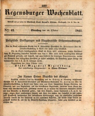 Regensburger Wochenblatt Dienstag 19. Oktober 1841