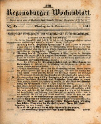 Regensburger Wochenblatt Dienstag 9. November 1841