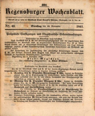 Regensburger Wochenblatt Dienstag 16. November 1841