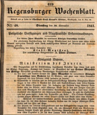 Regensburger Wochenblatt Dienstag 30. November 1841