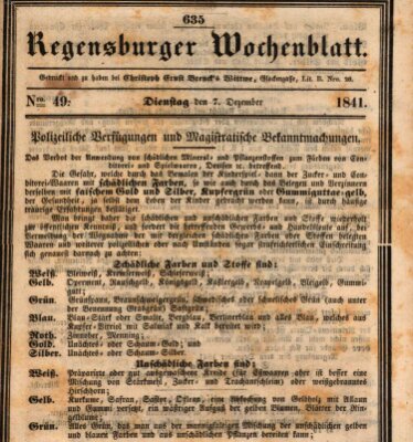 Regensburger Wochenblatt Dienstag 7. Dezember 1841