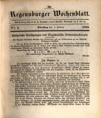 Regensburger Wochenblatt Dienstag 1. Februar 1842