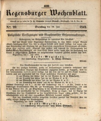 Regensburger Wochenblatt Dienstag 19. Juli 1842