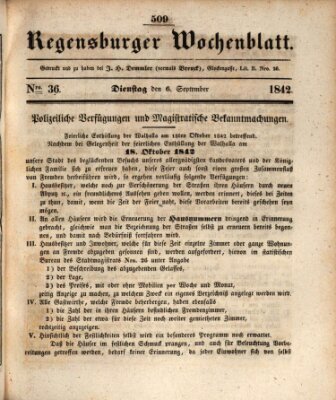 Regensburger Wochenblatt Dienstag 6. September 1842