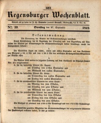 Regensburger Wochenblatt Dienstag 27. September 1842