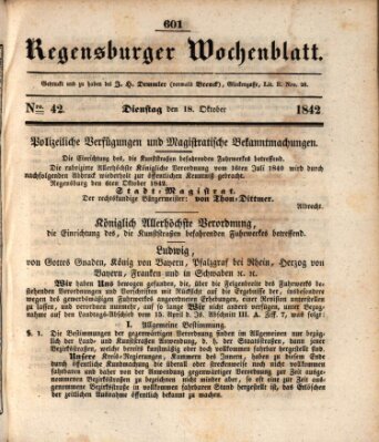 Regensburger Wochenblatt Dienstag 18. Oktober 1842