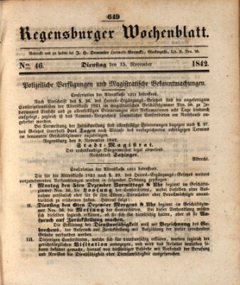 Regensburger Wochenblatt Dienstag 15. November 1842