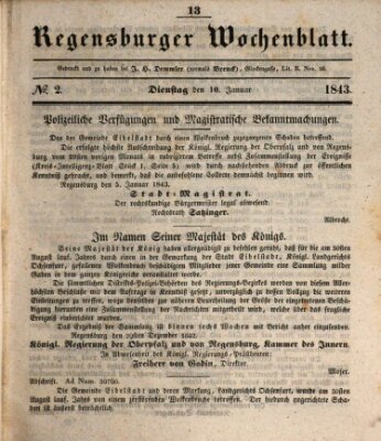 Regensburger Wochenblatt Dienstag 10. Januar 1843