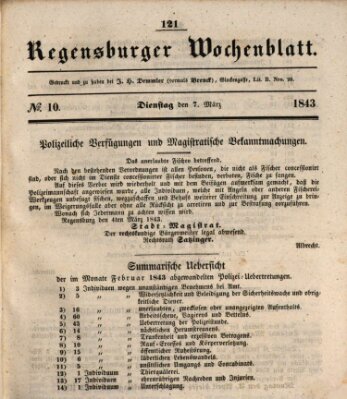 Regensburger Wochenblatt Dienstag 7. März 1843