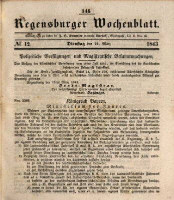 Regensburger Wochenblatt Dienstag 21. März 1843