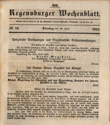 Regensburger Wochenblatt Dienstag 18. April 1843