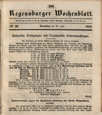 Regensburger Wochenblatt Dienstag 27. Juni 1843